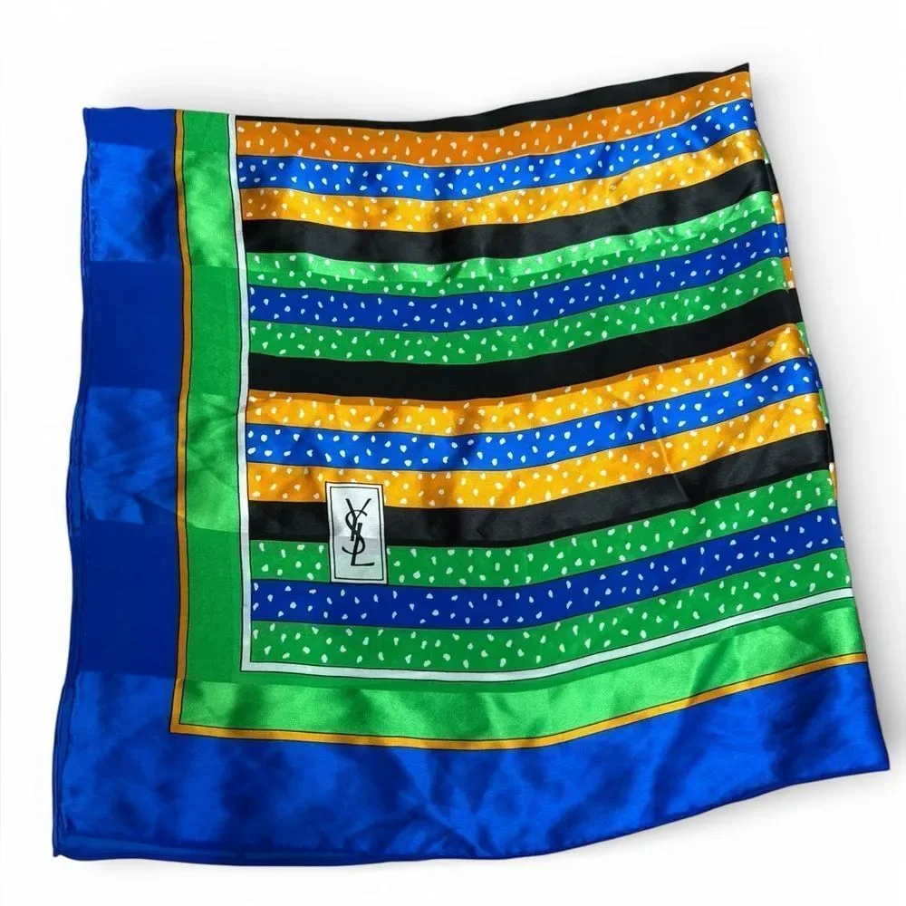 YSL Vintage 100% Silk Blue Green Black Yellow Striped Square Scarf